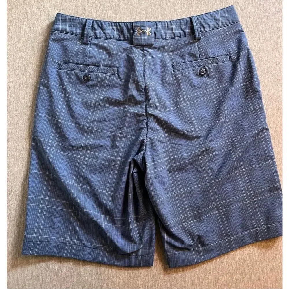 Under Armour Mens Performance Shorts Blue Black Plaid Flat Front Stretch Size 32